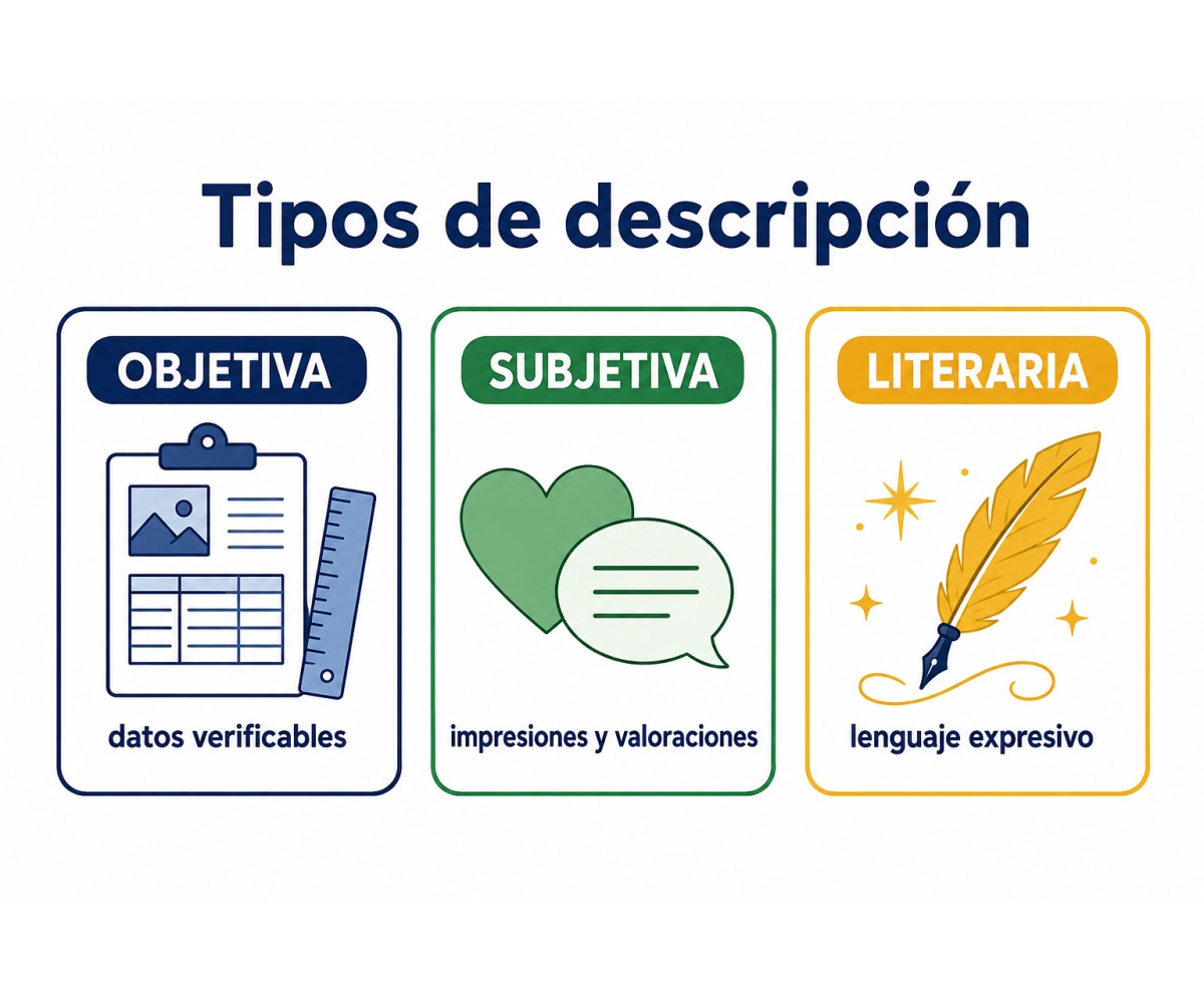 Infografía sobre tipos de descripción según el propósito del texto.