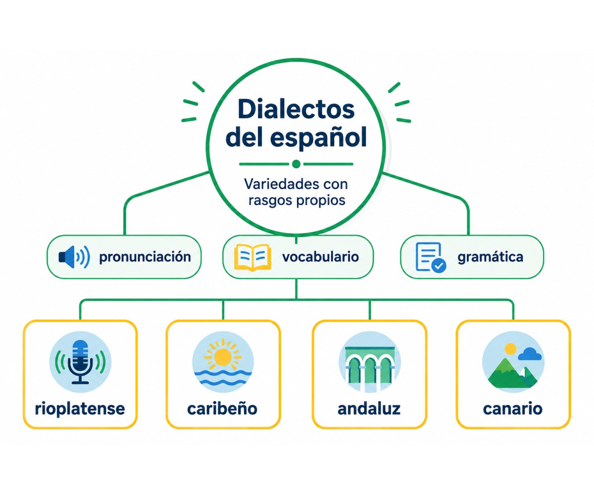 Infografía sobre dialectos del español y sus rasgos de pronunciación, vocabulario y gramática.