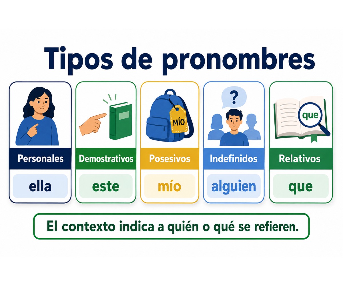 Infografía que clasifica los principales tipos de pronombres mediante ejemplos.