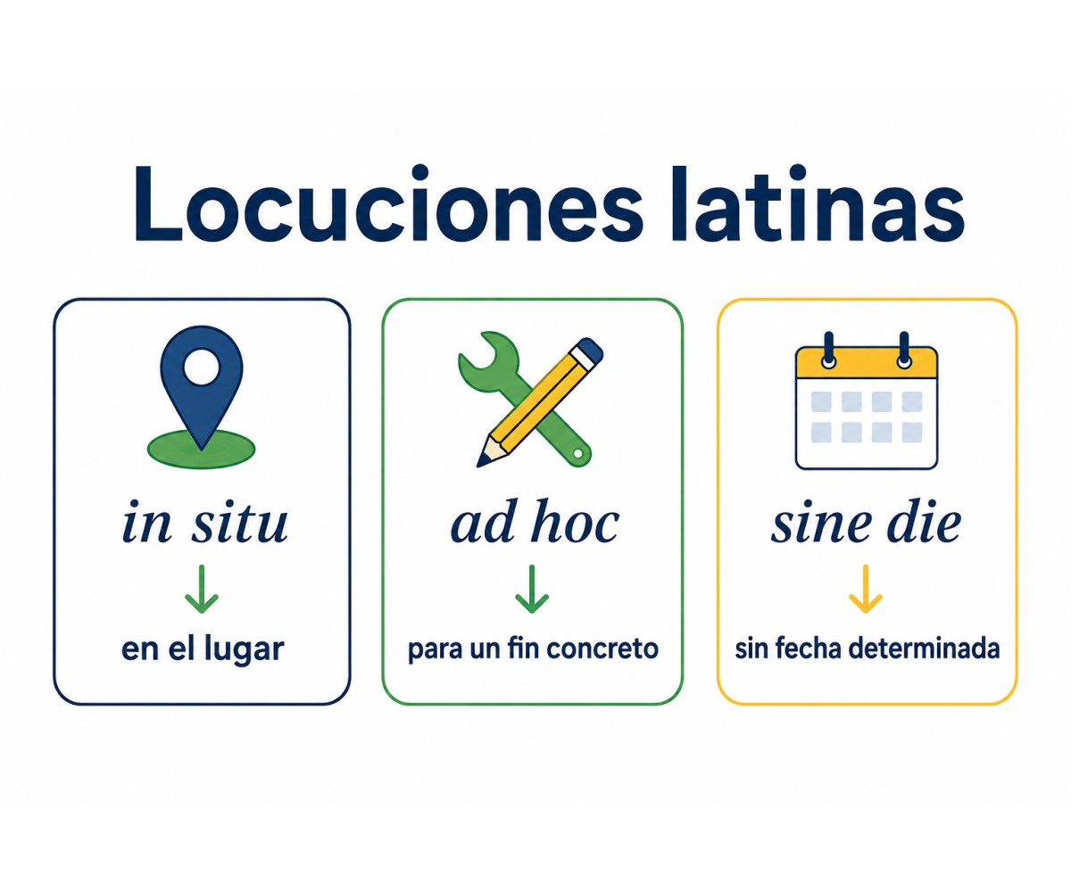 Infografía sobre locuciones latinas con su significado y ejemplos de uso.