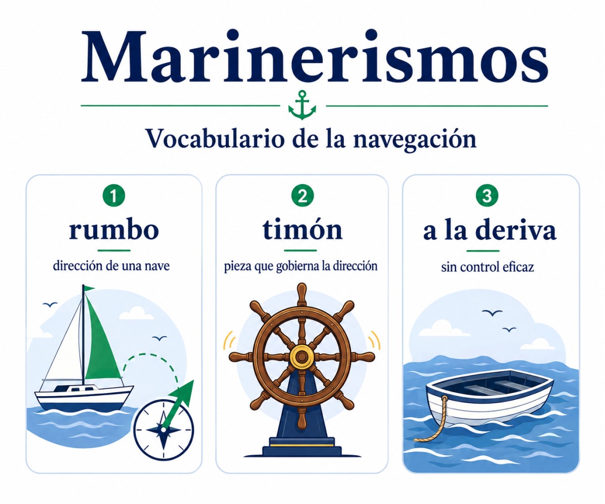Infografía con los marinerismos rumbo, timón y a la deriva.