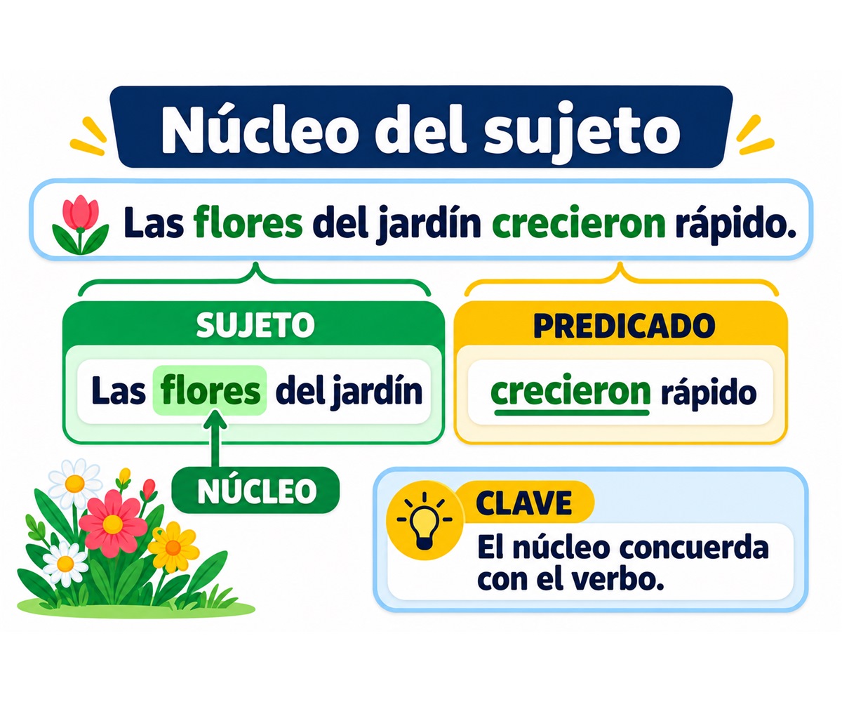 Infografía que identifica flores como núcleo del sujeto Las flores del jardín y muestra su concordancia con crecieron.