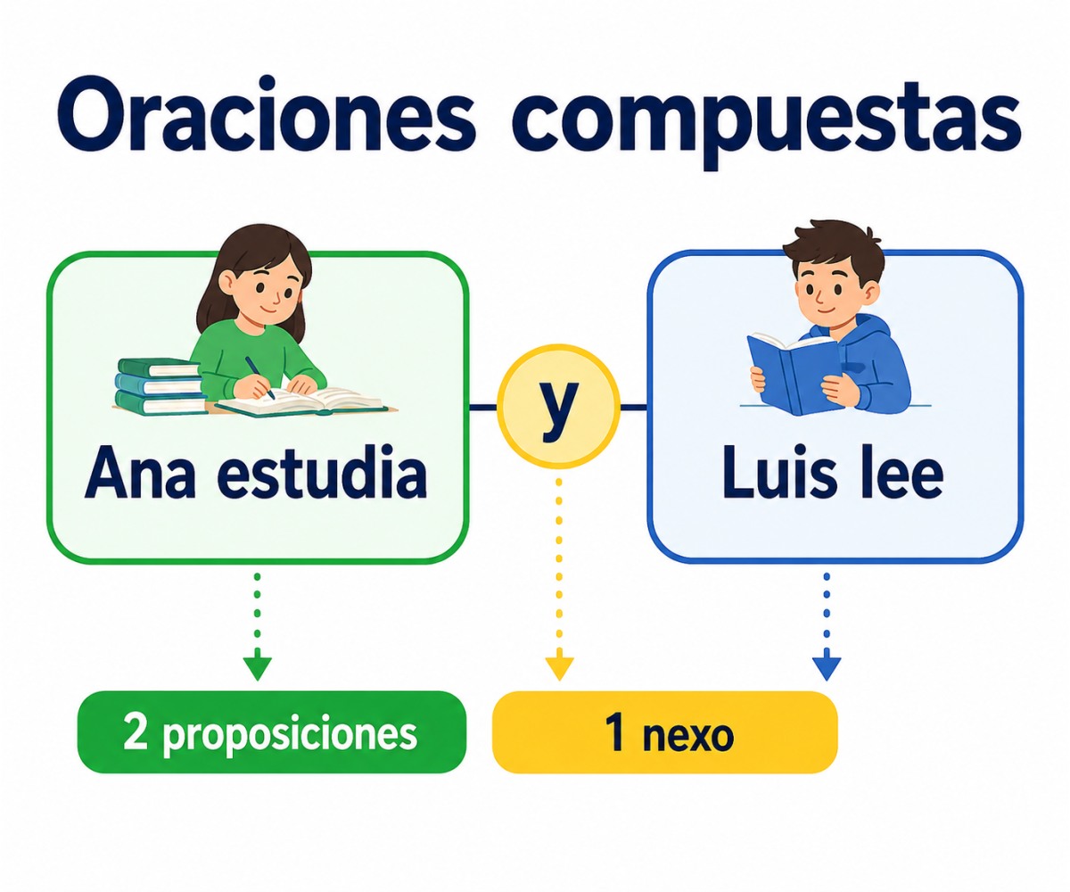 Infografía de una oración compuesta formada por dos proposiciones unidas por el nexo y.