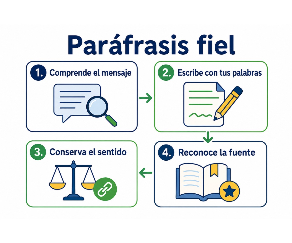 Infografía con cuatro pasos para hacer una paráfrasis fiel sin cambiar el sentido.