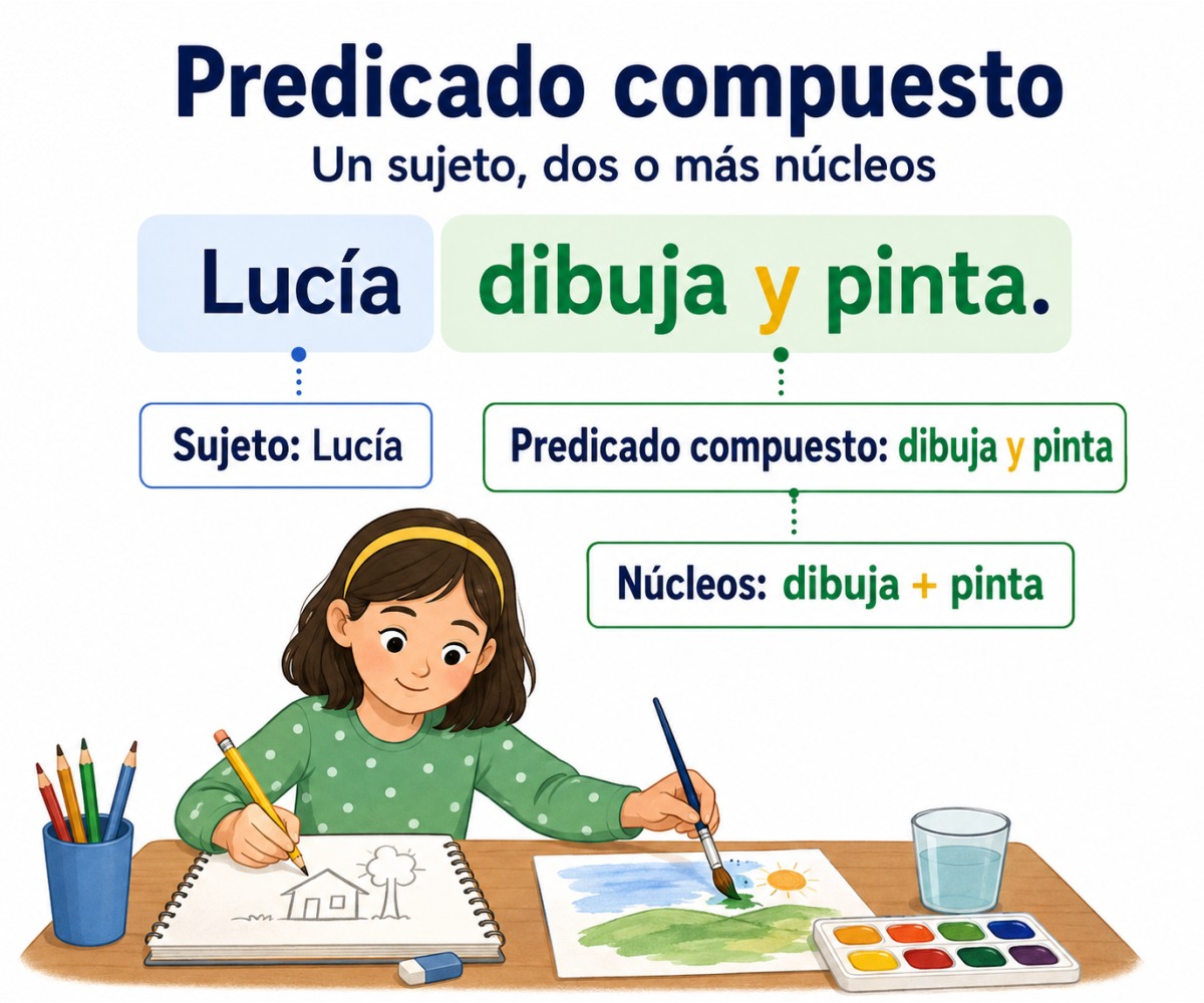 Infografía que identifica el predicado compuesto y sus núcleos en la oración Lucía dibuja y pinta.