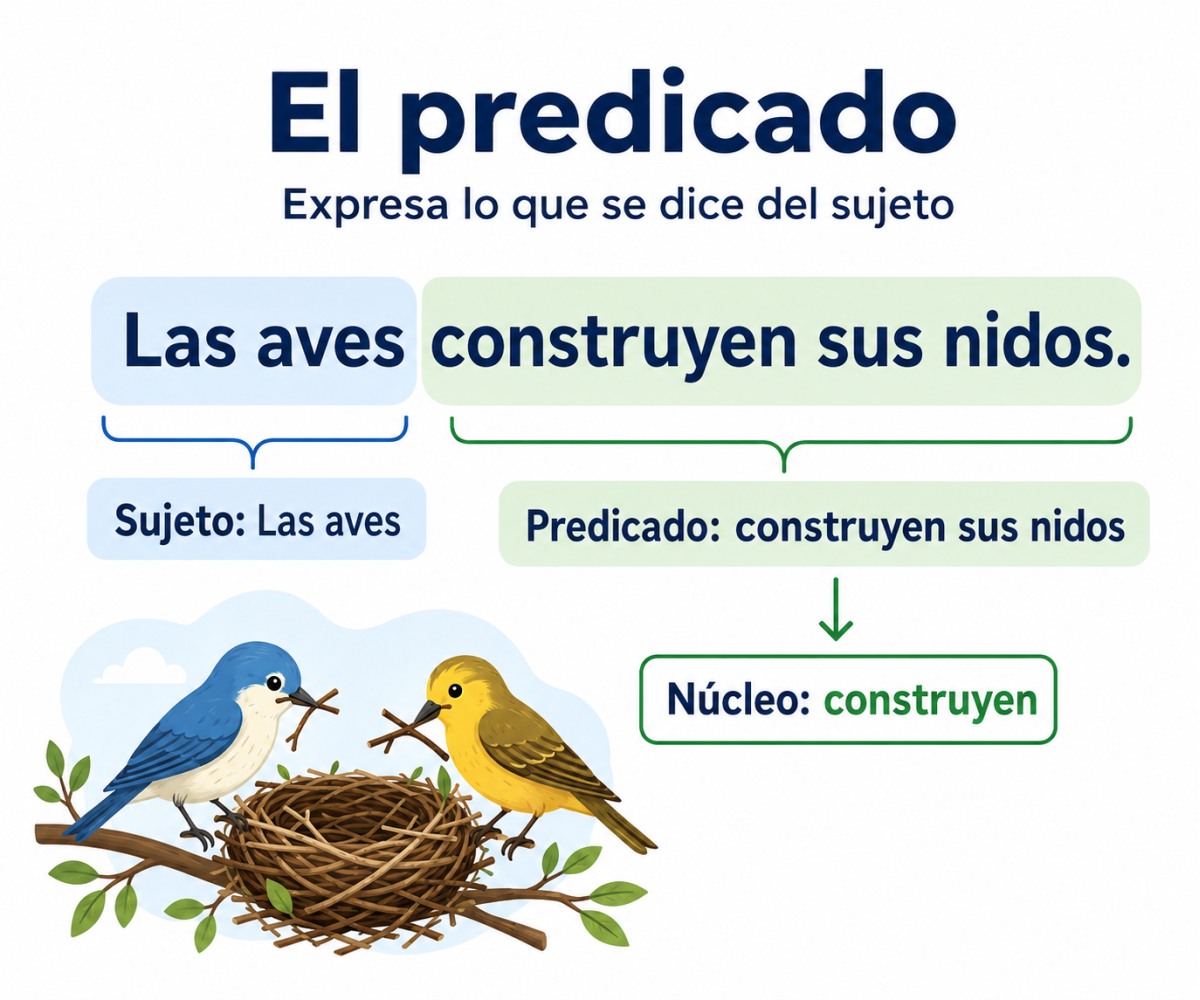 Infografía que separa sujeto, predicado y núcleo en la oración Las aves construyen sus nidos.