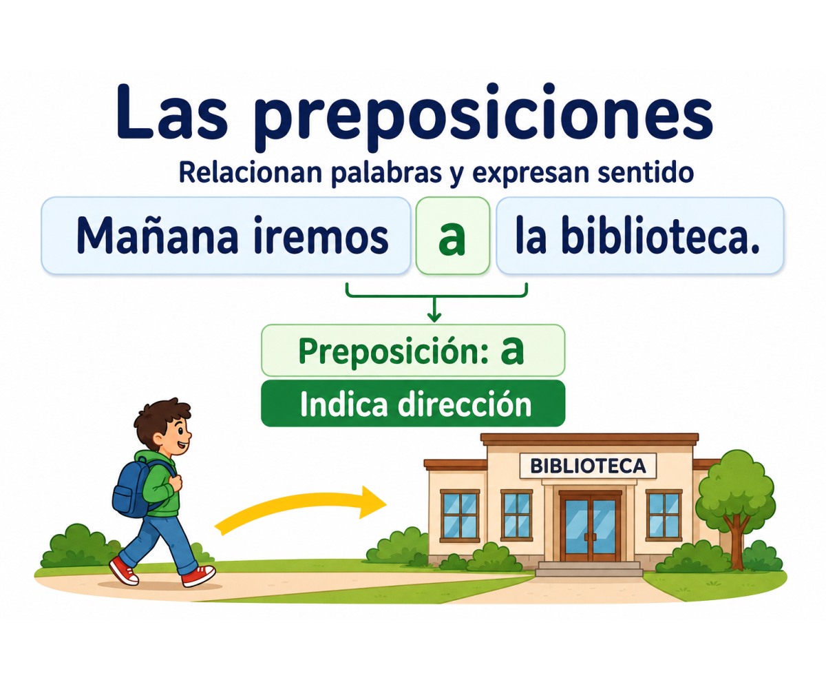 Infografía que identifica la preposición a en la oración Mañana iremos a la biblioteca y explica que indica dirección.