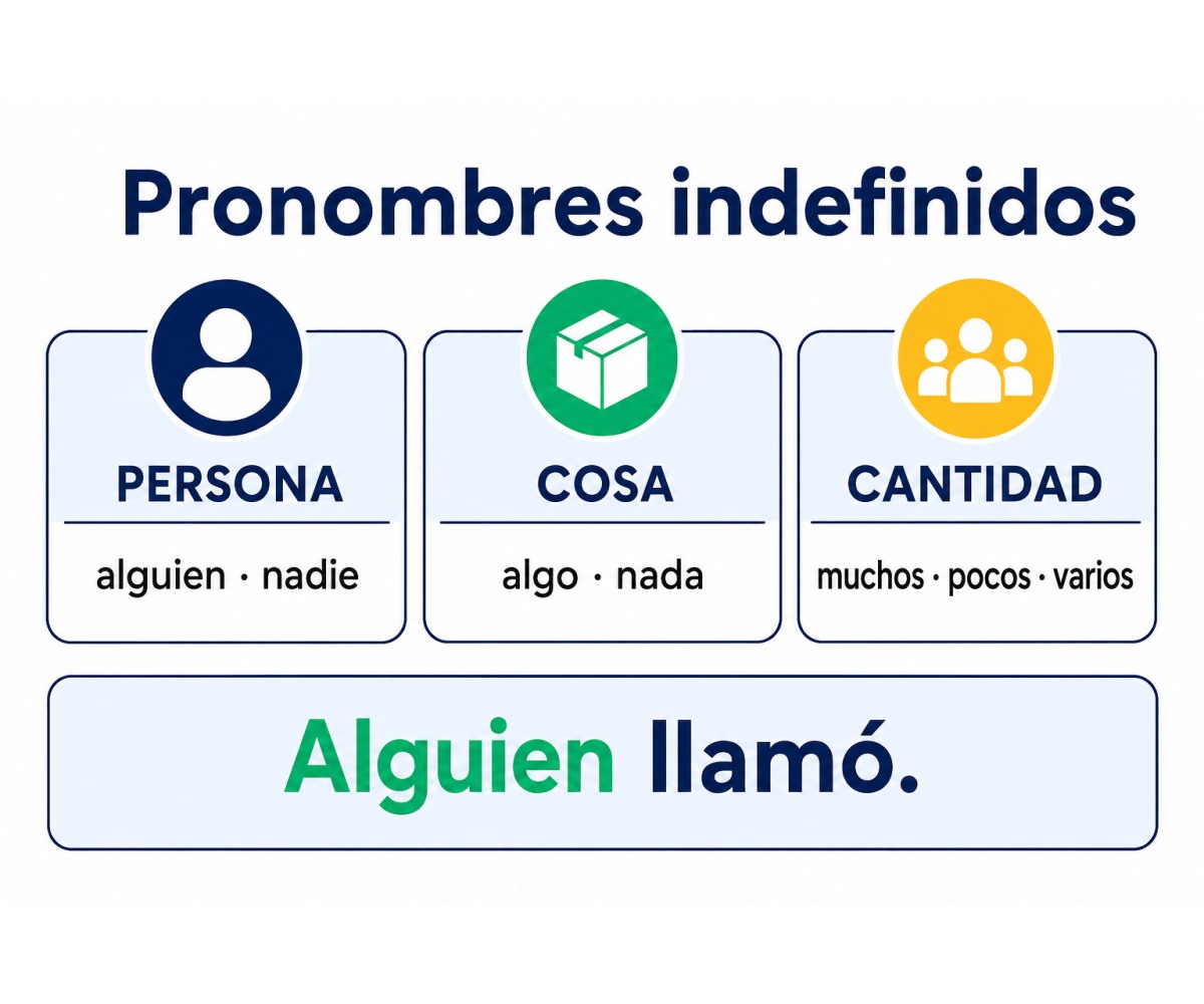 Infografía que clasifica pronombres indefinidos de persona, cosa y cantidad.