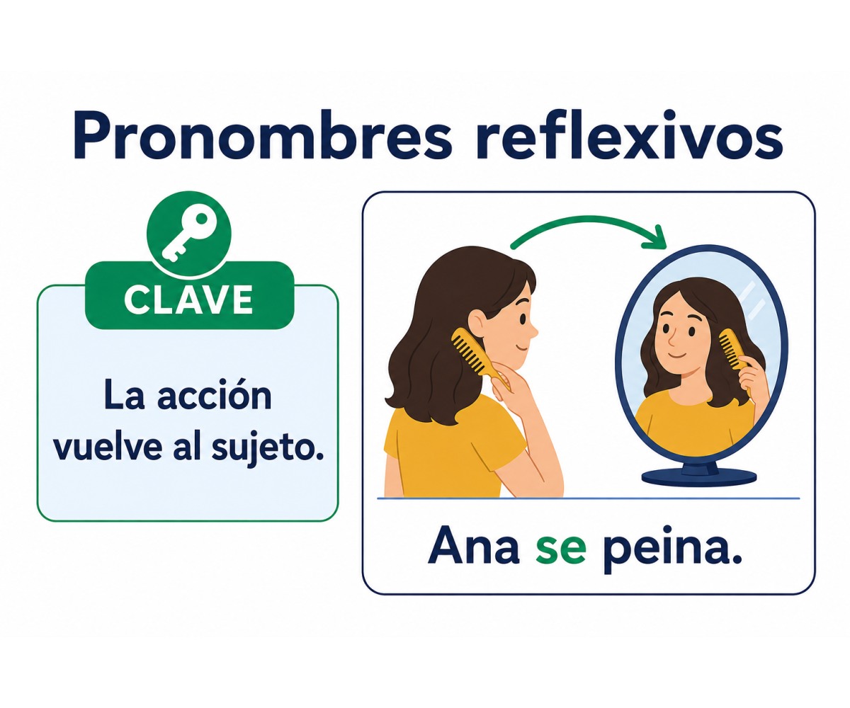 Infografía que muestra cómo la acción de un pronombre reflexivo vuelve al sujeto.