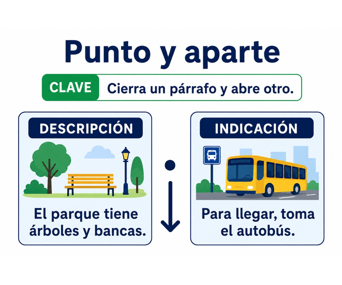 Infografía que muestra cuándo usar punto y aparte para separar dos ideas en párrafos.