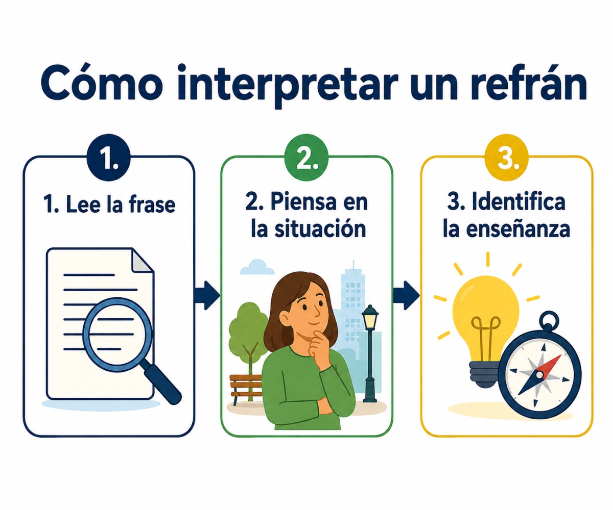 Infografía sobre refranes que distingue su sentido literal de su enseñanza.