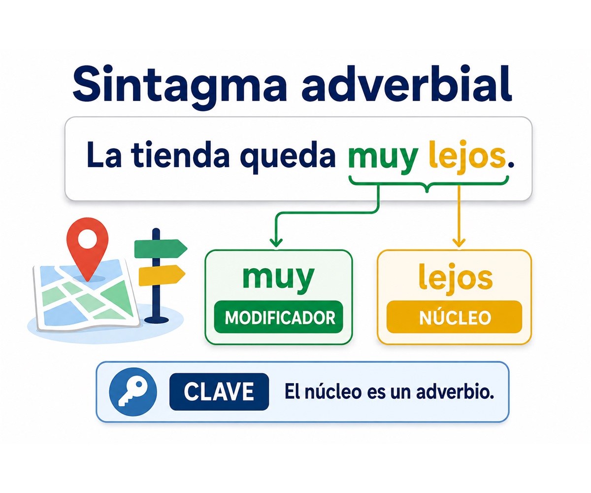 Infografía que identifica muy como modificador y lejos como núcleo del sintagma adverbial muy lejos.