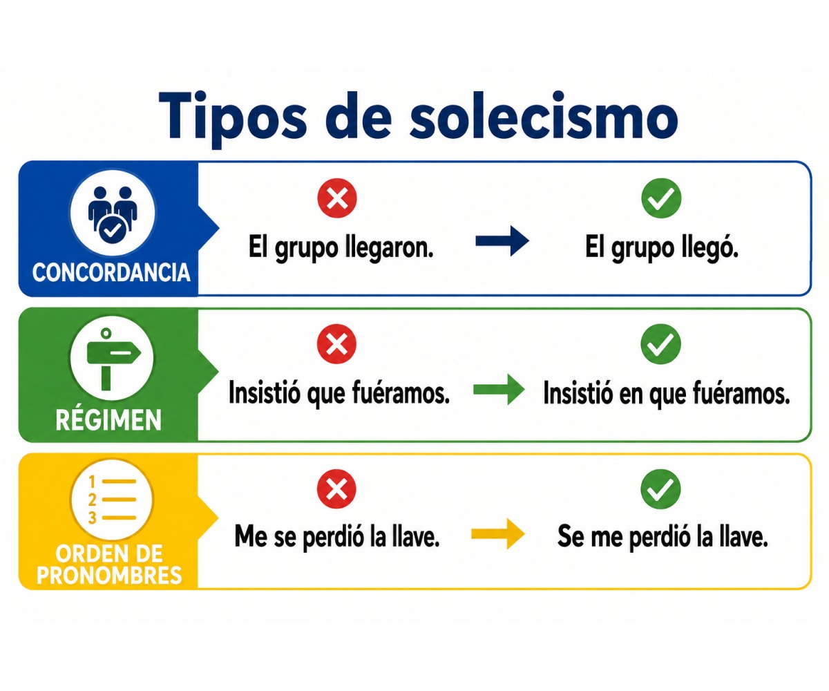 Infografía que clasifica solecismos de concordancia, régimen y construcción.