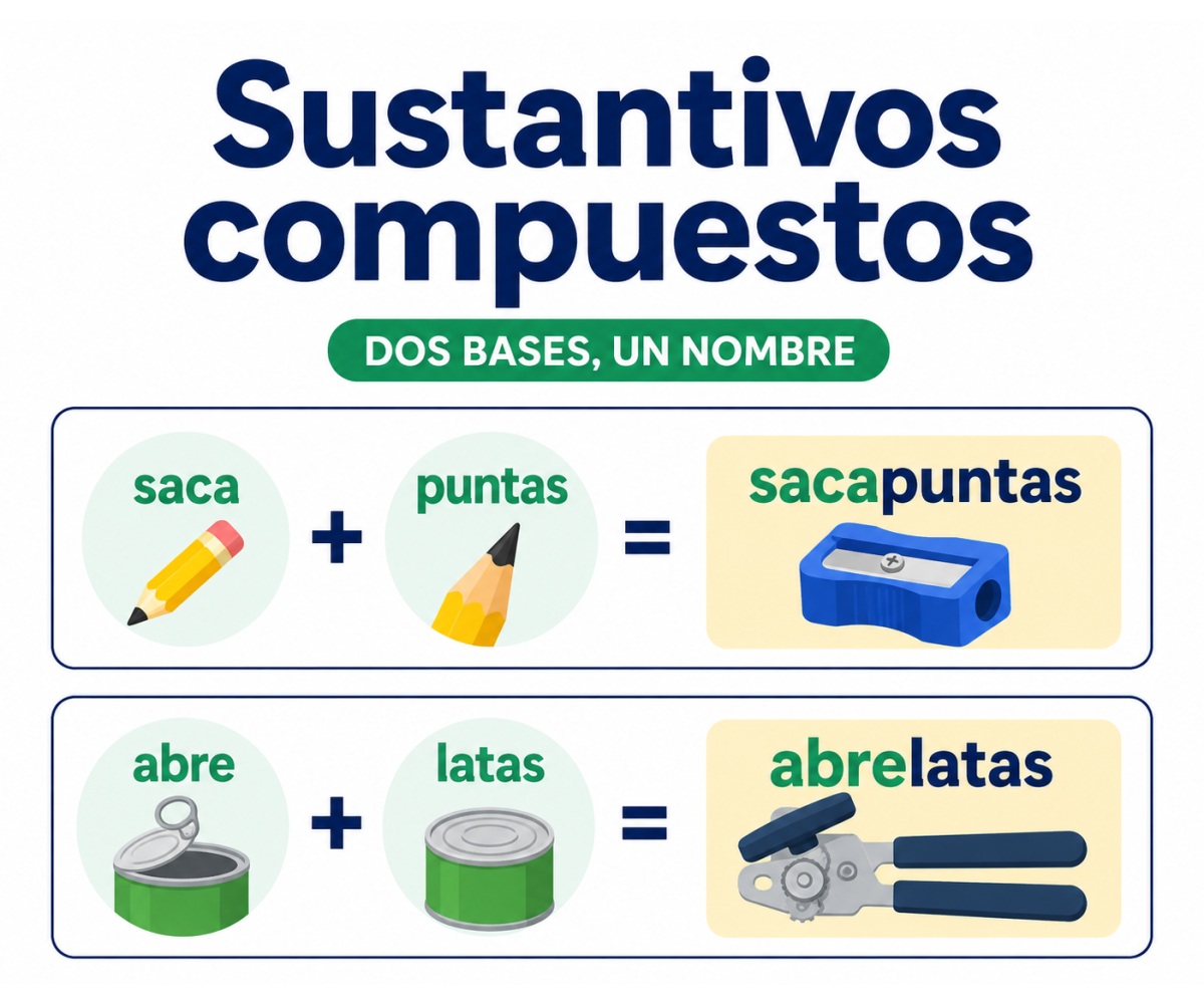 Infografía que explica la formación de sacapuntas y abrelatas a partir de dos bases.