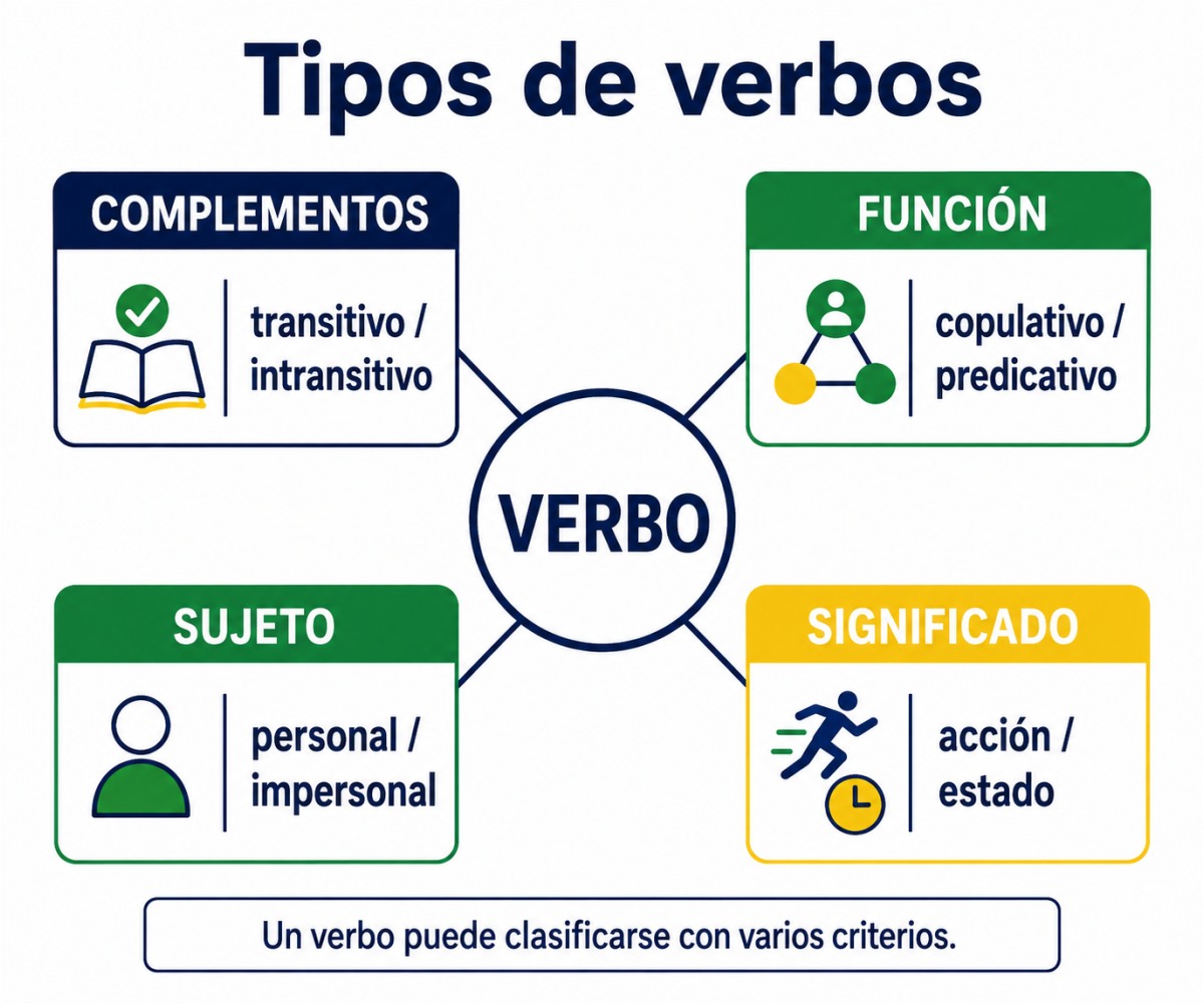 Infografía que organiza los tipos de verbos según cuatro criterios de clasificación.