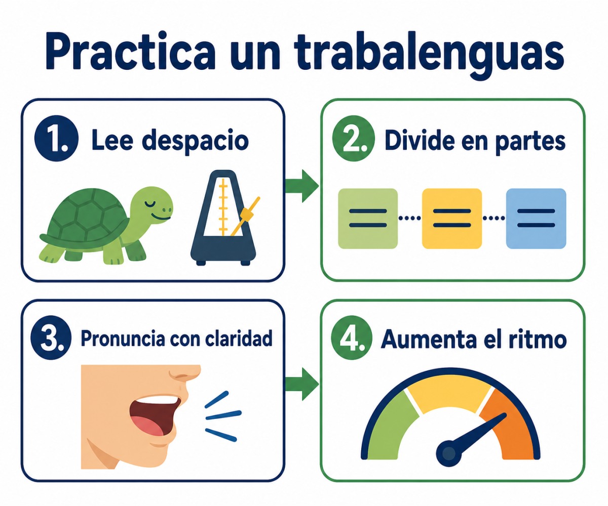 Infografía con pasos para practicar trabalenguas con claridad.