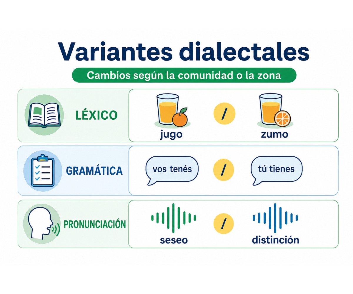Infografía sobre variantes dialectales léxicas, gramaticales y de pronunciación.