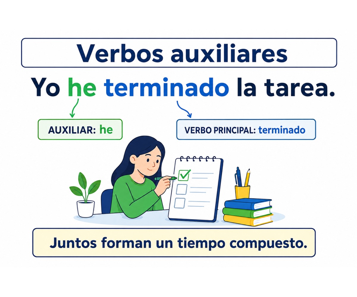Infografía sobre verbos auxiliares que distingue el auxiliar del verbo principal.