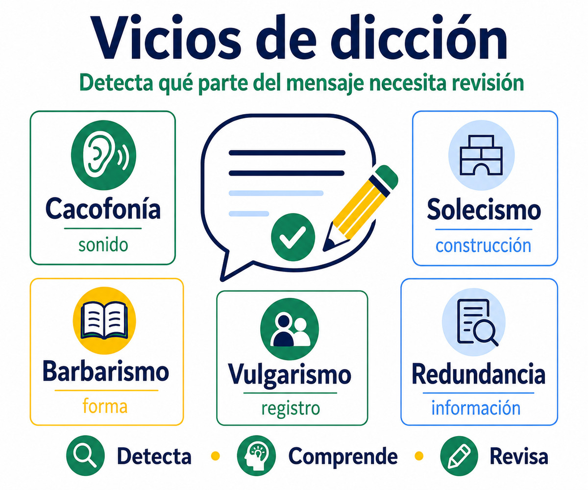 Infografía que clasifica los vicios de dicción en cacofonía, solecismo, barbarismo, vulgarismo y redundancia.